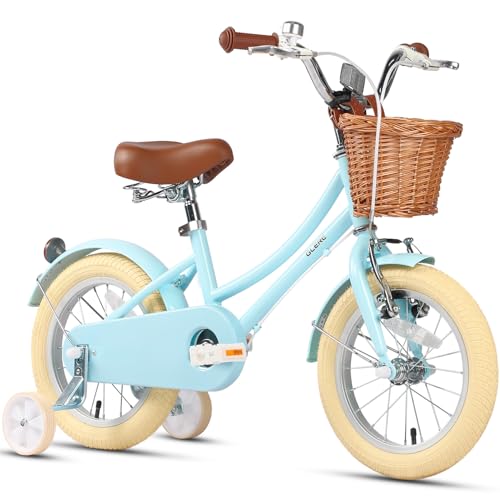 Glerc 12 Pulgadas Bicicleta Infantil Estilo Retro Vintage para niñas de 3 4 5 años con Ruedas de Entrenamiento, Cesta y Timbre, Azul