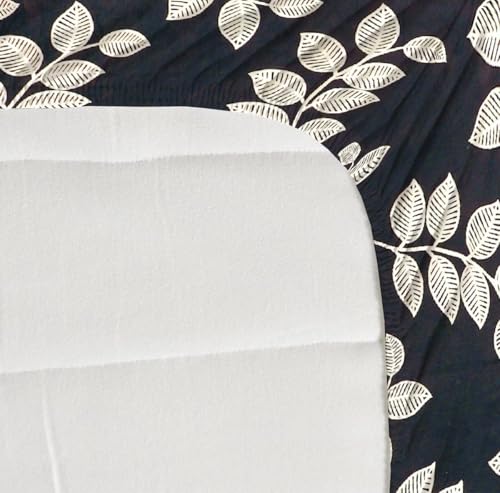 Image of Premium Cotton Fitted Bedsheet King Size 78 x 72 x 8 Inches with 2 Pillow Covers | 220 TC | All-Around Elastic Deep Pocket Bed Cover | Black Ivory Leaf