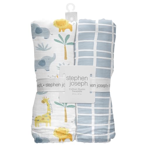 Image of Stephen Joseph Baby Swaddle Blanket, Unisex Swaddle Wrap Soft Muslin Swaddle Blankets, Receiving Blanket for Boys and Girls, 47 x 47 inches, Set of 2, Zoo