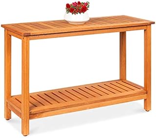 Best Choice Products 48in 2-Shelf Eucalyptus Wooden Console Table Indoor Outdoor Multifunctional Buffet Bar Storage Organizer w/Foot Sliders - Natural