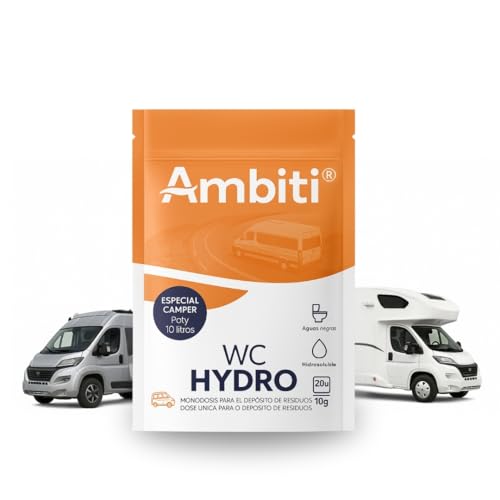 Ambiti | WC Hydro Camper | Monodosis Hidrosolubles para Depósito de Residuos de Autocaravanas,Caravanas y Campers| Elimina Deshechos Orgánicos| Fragancia Piña colada| 20 dosisx 10 g/unidad