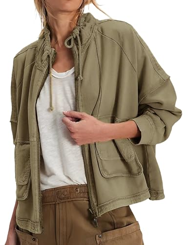 Fiona Jolin Women's 2025 Fall Cropped Jackets Casual Zipper Cardigan Adjustable Stand Collar Jackets Outwear with Pokets