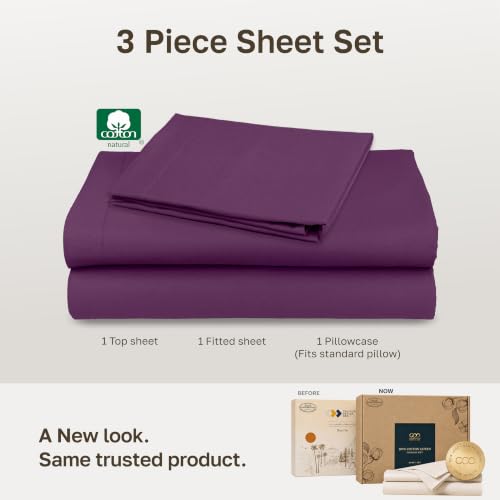 Image of Soft Natural 100% Cotton Sateen Twin Size Bed Sheets, 3 Pcs, Purple Passion