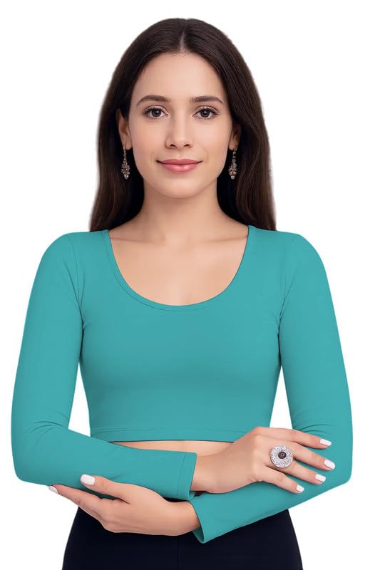 xolani Readymade Cotton Fitted Saree Blouse for Women Full Sleeve Square Round U Neck Regular fit Stretchable Pullon Western Stylish Crop Top VX14-picture-9