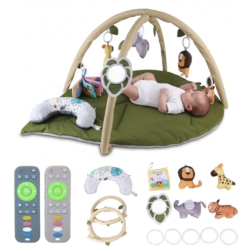 Ginásio bebé com tapete de atividades, tapete de jogos acolchoado, lavável na máquina, arco com 6 brinquedos sensoriais desmontáveis, 2 mordedores, Tummy Time, 0-12 meses