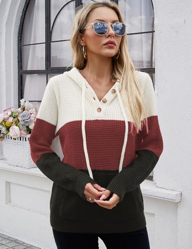 Image of VIMPUNEC Womens Fall Hoodie Sweater Long Sleeve Hooded Top with Pocket | V Neck, Button, Adjustable Drawstring, Waffle Knit, Loose Fit, Ribbed, Kangaroo Pocket