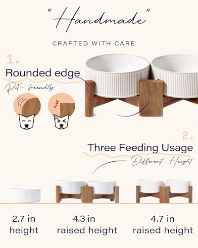 Getstar Ceramic Dog Bowls with Acacia Wood Stand, 30 fl oz, Set of 2, Dog Food Bowl, Cat Bowls (6.5 inches) (Vintage White) - Image 4