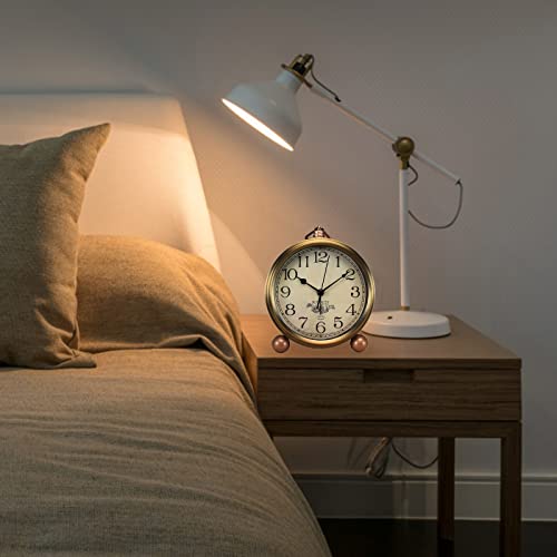 Justup Golden Table Clock, Retro Vintage Non-Ticking Table Desk Alarm Clock Battery Operated Silent Quartz Movement Hd Glass For Bedroom Living Room Indoor Decoration Kids (Arabic) #TOP4