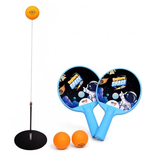 Image of Space Theme Table Tennis Trainer for Kids|Indoor Ping Pong Set with Elastic Rebound Shaft|Includes 1 Base,2 Rackets,2 Balls & 1 Wire Sleeve|Active Sports Toy for Reflex & Coordination