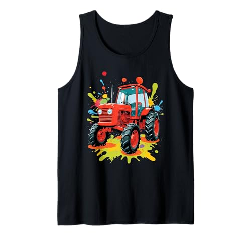Tractor rojo estilo cómic con salpicaduras de pintura Camiseta sin Mangas