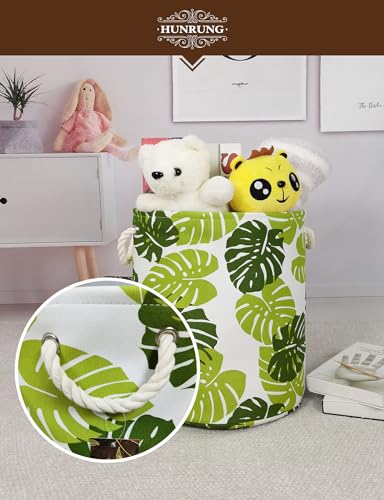 HUNRUNG Laundry Hamper,Large Canvas Fabric Lightweight Storage Basket Toy Organizer Dirty Clothes Collapsible Waterproof for College Dorms, Children Bedroom,Bathroom (Round Leaf) - Thumbnail 6