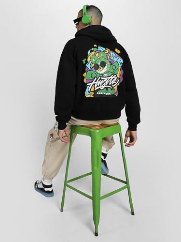 Image of Veirdo Cotton Fleece Oversized Fit Black, Grey, Green, Blue & Orange Cool & Aesthetic Hustle Monster Graphic Printed Full Sleeve Hoodie for Men