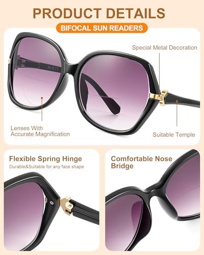 JM 2 Pack Bifocal Reading Sunglasses for Women, Fashion Oversized Sun Readers UV400 Protection Spring Hinges +2.50(Black&Brown) — view 3