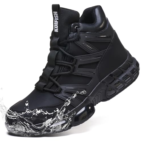 KOIFISH Botas de Seguridad para Hombre Mujer Impermeable Botas de Trabajo con Punta de Acero Ligeras Zapatos de Seguridad Alta Colchón de Aire C21/Negro 43