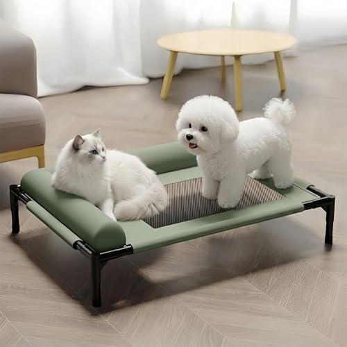 JEJIETペットベッド夏用高通気犬用ベッド猫用ベッドドッグコット高床式透気メッシュ猫犬兼用抗菌防湿防ダニ洗えるL型半包囲枕付き快適サポート地面から17cm離れ四季対応耐荷重室内屋外 涼しい猫用ベッド 小型犬用のキャンピングベッド (緑,M)（Amazon）