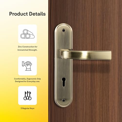 Image of Yale YECM-415-6L-AB Mortise Door Lock | 6 Lever Lock | Handle Set with Plate | 3 Keys | Suitable for Left & Right Hand Doors | Antique Brass