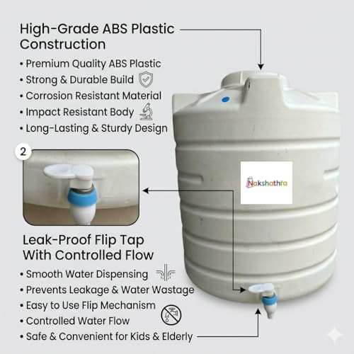 Image of NAKSHATHRA Water Dispenser with Tap, Plastic Water Storage Drum, Open Top with Lid, Ideal for Home, Kitchen & Office, Food Grade HDPE Material, UV-Stabilized - 50 litres (White)