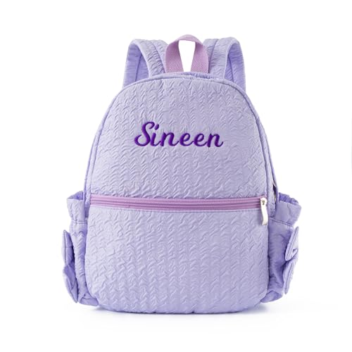 Image of 15inch Daycare Backpack Personalized Large Backpack with Name | Cute Purple Backpack for Age 4-6,Lightweight Quilted Fabric,Water Bottle Pockets with Bow,Custom Baby Gift,Embroidered Name