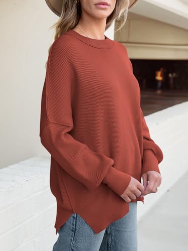 Image of ANRABESS Women Oversized Sweaters Batwing Long Sleeve 2026 Fall Outfits Crewneck Casual Knit Side Slit Fashion Pullover Top