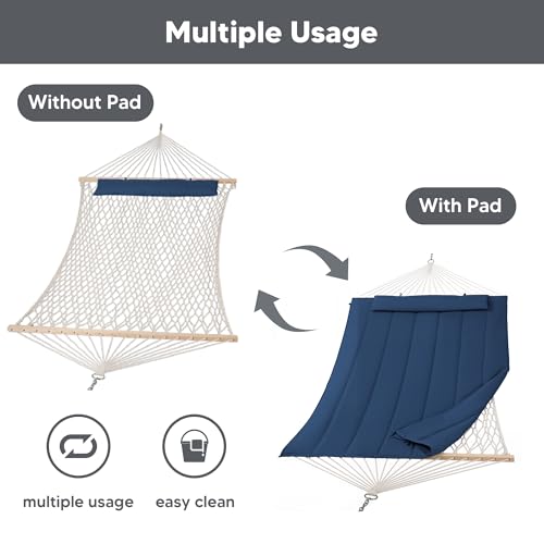 Image of SUNCREAT Hammocks Outdoor Double Hammock with Hardwood Spreader Bar, Heavy Duty Cotton Rope Hammock with Polyester Pad, Dark Blue