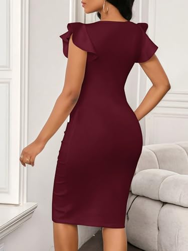 Image of Yajedo Women's Summer Bodycon Midi Dress Print Ruffled Sleeves V Neck Ruched Cocktail Pencil Dress