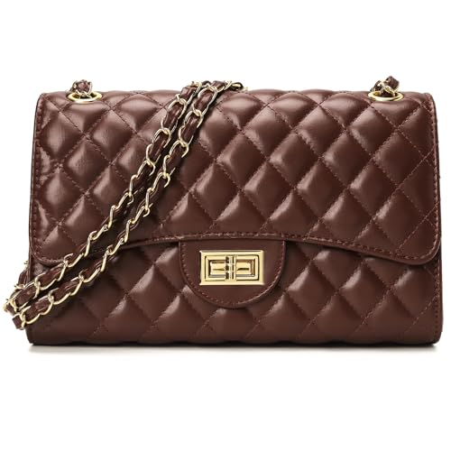 DIUY Quilted Leather Crossbody Bags for Women Trendy Ladies Shoulder Purse Satchel HandBag with Chain Strap, Brown