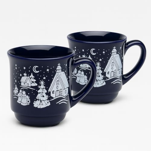 Van Well Lot de 2 tasses à vin chaud, 0,2 l, calibrées, en grès, bleu cobalt, empilables, passent au lave-vaisselle et au micro-ondes, chêne extérieur robuste, idéal pour le vin chaud, le punch, les