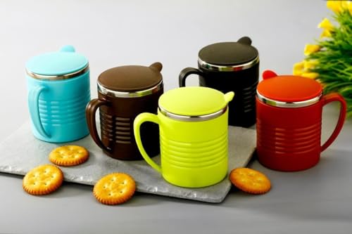 Image of Stylish Coffee Mug - Plastic Double Wall Insulated Stainless Steel Coffee & Tea Cup with lid & Handle for Office, Home & Restaurant, Ideal Tea Mug Gift for Friends, Kids & Adults(Multicolor)