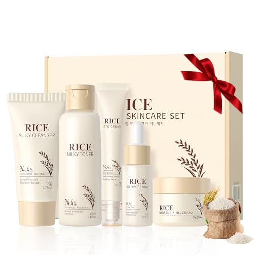 Korean Skincare Set,Rice Skin Care Sets & Kits,Glass Skin Care Gift Set with Cleanser,Toner,Serum,Cream,Eye Cream,Glowing ,Hydrating, Gentle & Smooth,Korean Beauty (Rice 5PCS)