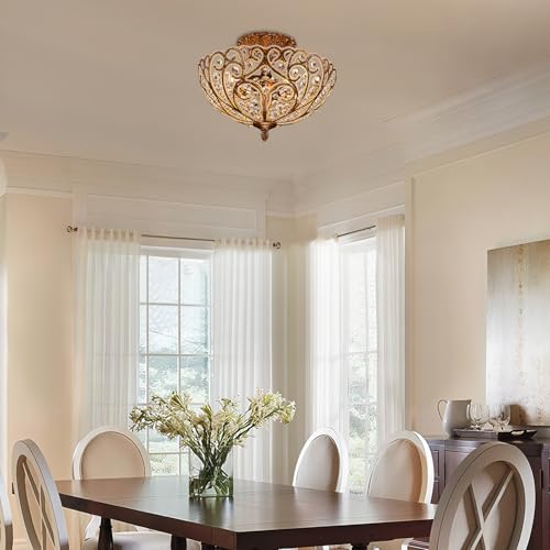 Lingkai 14.1" Retro Crystal Semi Flush Mount Ceiling Light,4-Lights Antique Brass Rustic Ceiling Lights Chandelier with Scalloped Clear Crystal Shade for Living Room,Bedroom,Kitchen and Entryway - Image 2