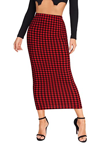 Verdusa Women s Elegant Plaid Elastic Waist Bodycon Midi Skirt Black and Red Gingham XL
