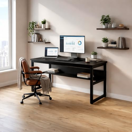 Image of Study Table for Home with Under-Desk Storage Shelf | Wooden Industrial Computer Table for Home Office & Gaming | Rustic Wood & Black Metal Frame | Black | 150x60x75 cm