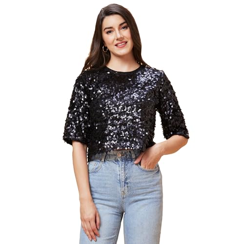 Image of Globus Women Black Embellished Round Neck Party Top-3639444001