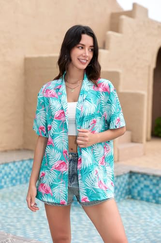 Image of SANGTREE Girls & Women's Hawaiian Shirts Button Down Short Sleeve Floral Tropical Shirt Beach Vacation Blouse Tops