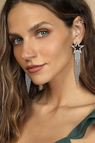Crystal Tassel Dangle Earrings For Women Rhinestone Star Pave Stud Earrings Statement Jewelry Gifts (Silver) #TOP4