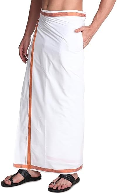 Global Men's 100% Pure Cotton White With Gold Jari Lungi in Size 2 Mtrs Single Lungi pocket dhoti- Pack Of 1
