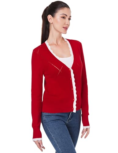 Image of AmelieBoutik Women Lightweight Button Down Long Sleeve Casual V Neck Color Trim Soft Knit Fall Cardigan Sweater Tops
