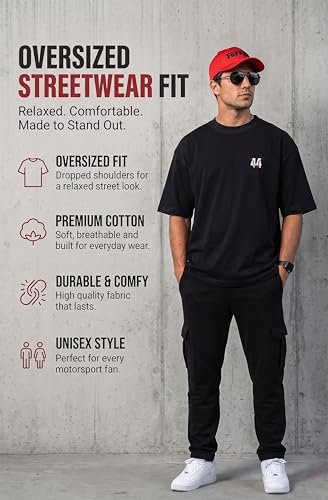 Image of Men's Cotton Oversized T-Shirt - Relaxed Fit Half Sleeve F1 Graphic Print Tee for Streetwear & Casual Outings - Black