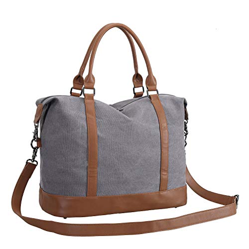 Women Ladies Canvas Weekender Bag Overnight Carry-on Tote Duffel in Trolley Handle (Grey)