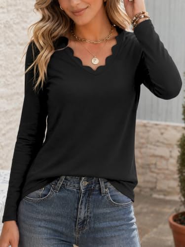Humordream Womens Long Sleeve Shirts Casual Scalloped V Neck Tops Fall Loose Fit Basic T Shirts Trendy Vacation Black — view 3