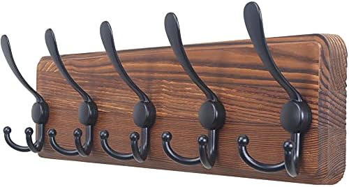 Dseap Coat Rack Wall Mounted - 5 Tri Hooks, Heavy Duty, Wooden Wall Coat Hanger Coat Hook for Clothes Hat Jacket Clothing, Natural & Black