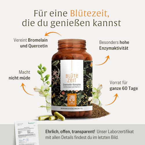 Quercetin Bromelain Komplex 120 Kapseln Vegan - 500mg Quercetin hochdosiert, 100mg Bromelain und 16mg Vitamin C pro Tagesdosis - Blütezeit von Naturtreu