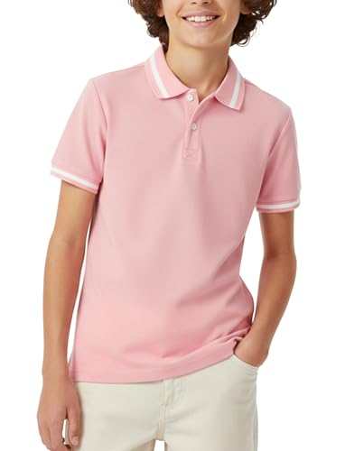 PATPAT Boys School Uniform Polo Shirts Size 7-8 Years Light Pink Short Sleeve Pique Collared Shirt Casual Button Closure Tops for Little Boy