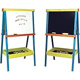 tableau jeujura avis Tableau double face: une ardoise pour la craie et une ardoise blanche magnétique pour feutre effaçable à sec. Grand plumier en bois sous chaque ardoise.