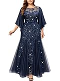 MISSMAY Women's Plus Size Elegant Butterfly Sleeve Chiffon Floral Sequin Lace Contrast Mesh Mermaid Hem Evening Party Long Dress (2XL, Navy Blue)