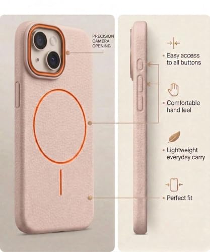 Image of amazon basics Luxury MagSafe Compatible Leather Texture Back Cover for iPhone 13 | Raised Camera Protection | Slim Fit Shockproof Case with Metallic Accents (Pink)