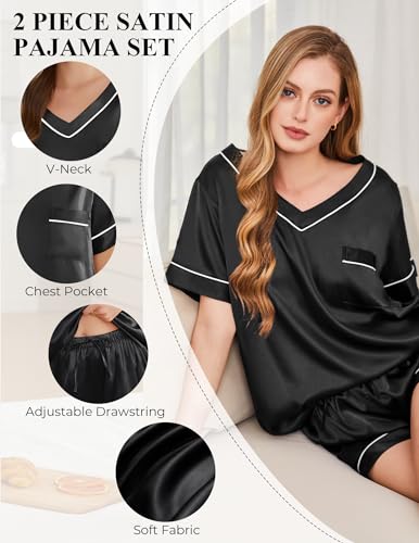 Image of Silk Pajamas for Women Short Sleeve Satin 2 Piece Pj Set Soft V Neck Sleepwear Loungewear, S-XXL