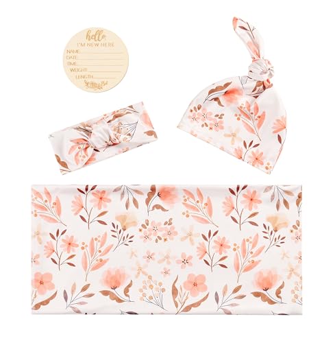 Image of Bellasignoro Newborn Swaddle Sets with Headband Beanie and a Name Card Baby Snug Wrap Receiving Blanket for Baby Boys Girls (Orange Floral)