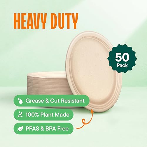 100% Compostable Oval Paper Plates [50-Pack] - {PFAS-Free} - {BPI Certified} - [10 Inch] Heavy Duty, Eco-Friendly, Biodegradable Bagasse Dinner Platters - Natural Brown 10" Oval Plates by Stack Man - Thumbnail 2