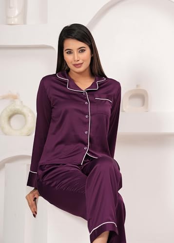Image of Women Satin Solid Night Suit - Purple